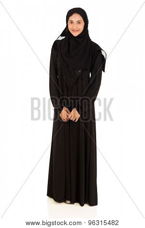 full length portrait of young muslim woman isolated on white