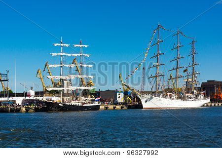 KLAIPEDA - JUNE 09: Sailboats in Klaipeda Old Castle Harbour on June 09, 2015 Klaipeda, Lithuania. The Old Castle Harbour situated in a territory of 'Klaipeda ship repair yard'.