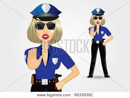 blonde female policewoman cop showing stop gesture