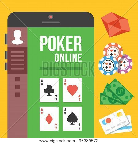 Online poker. Poker room on smartphone screen with diamonds, chips, cash and credit cards