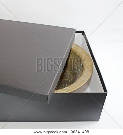 Old vintage cooper round pan isolated in black box