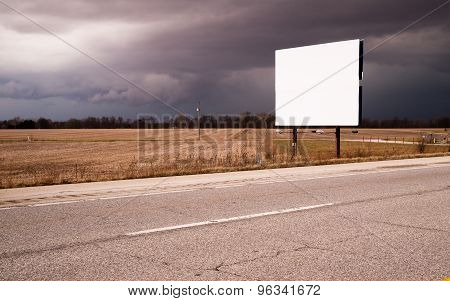 White Blank Billboard Advertising Sign Farm Field Thunder Storm