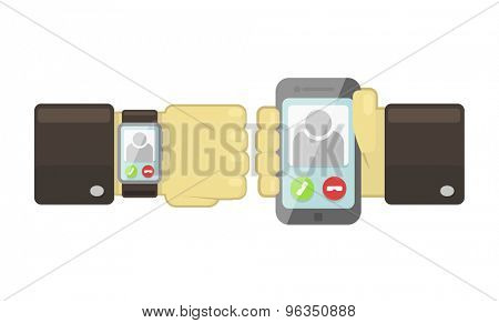 Vector smart watch and smartphone synchronization concept 