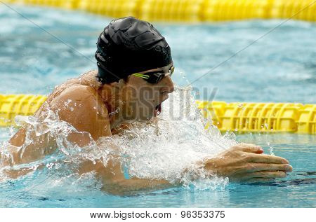 BARCELONA - JUNE, 11: Hungarian swimmer David Verraszto swimming breaststroke during the Trophy Ciutat de Barcelona in Sant Andreu Club June 11 2015 in Barcelona Spain