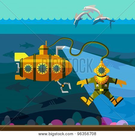 Diver And Submarine. Flat