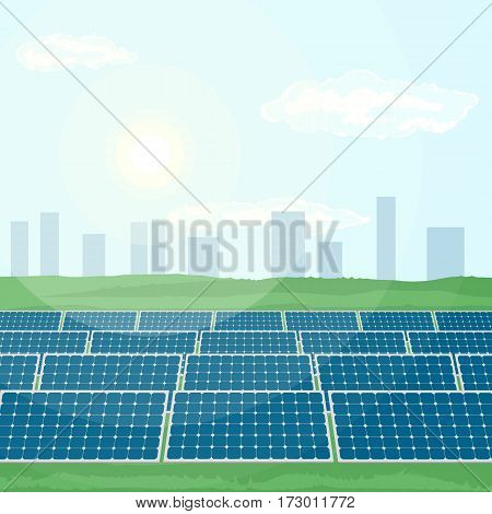 Many solar panels installed near city produce green energy from sun. Flat vector illustration of the production of clean renewable energy.