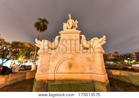 Havana, Cuba - Jan 7, 2017: Indian Fountain or Noble Havana is a representation of the shape of the Indian or more exactly the aborigine habana wife of cacique Habaguanex from whom the name of the capital of Cuba comes.