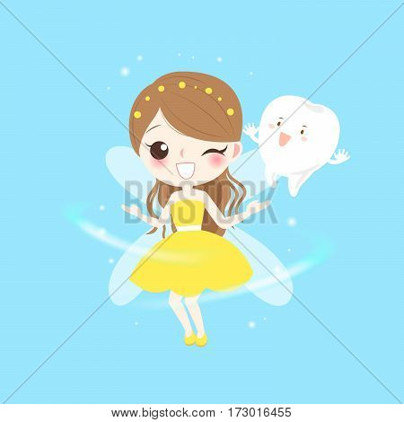 cute cartoon teeth with tooth fairy play happily