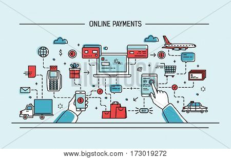 Online payments, money transfer, financial transaction. Line art flat vector illustration.