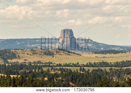 Devils Tower viewed from several miles away in Wyoming.