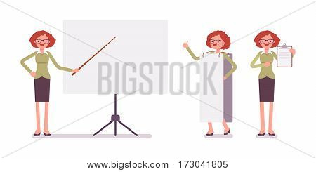 Set of young smiling female typical office worker in a business smart casual wear, standing near empty whiteboard, copyspace, presentation of information, full length, isolated, white background