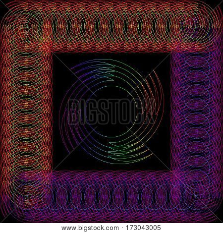 Abstract round object in a frame made of wire. Neon design of the frame and the object for a card