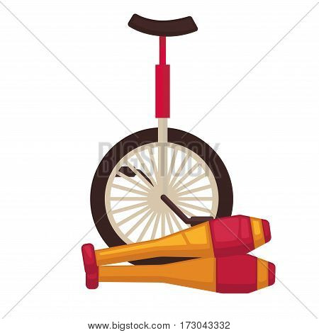 Circus juggling and equilibristics tools. Juggle clubs and monocycle unicycle bike. Vector flat icons