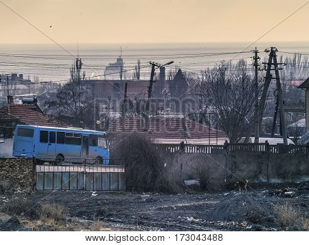 Black sea morning the industry and the blue bus