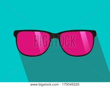 Glasses with pink lens. Long shadow flat design. green background. Vector illustration.