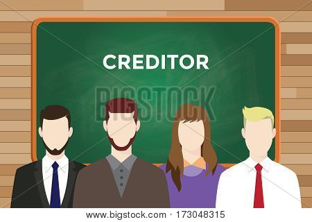 Creditor illustration with four people in front of green chalk board and white text vector