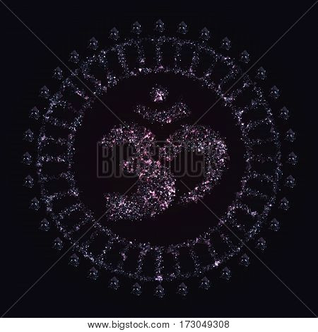 Aum or Om symbol made of polygonal elements glowing dots and particles for your design