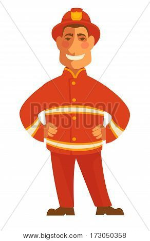 Fireman in protective suit isolated on white. Smiling firefighter in red suit vector illustration in cartoon style. Profession character hat with token in flat design