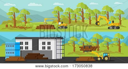 Industrial wood production horizontal banners with timber loader harvester tractor and trees cutting transportation storage processes vector illustration