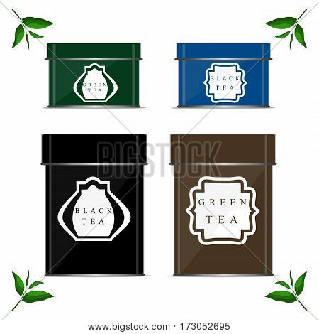 Vector illustration of logo for metal box for storing tea branch with green leaves tin container isolated white background.Tea drawing consisting of iron shapes rectangle square.Drink teas in boxes.