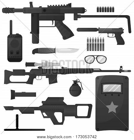Military weapon machine guns and ammunition. Special forces squad arms. Vector isolated icons set of army soldier munitions