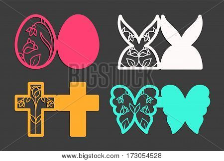 Laser cut template for Easter greeting fold-out cards, invitations. Easter egg, rabbit, butterfly and cross with a floral pattern cut out of paper. Image suitable for laser cutting, plotter cutting or printing.