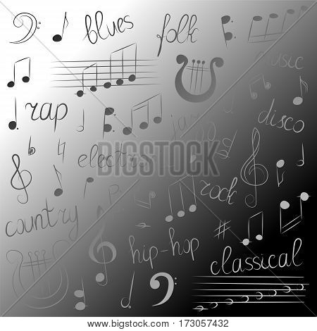 Monochrome Hand Drawn Set of Music Symbols and Styles on Monochrome Background. Doodle Treble Clef Bass Clef Notes and Lyre. Lettering of Blues Electronic Jazz Rap Disco Folk Country Rock Classical. Vector Illustration.