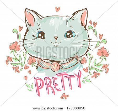 cute cat sketch vector illustration, print design cat, children print on t-shirt girl. hand drawn cat