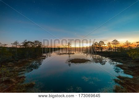 Starry summer night at a swamp. Viru raba Estonia
