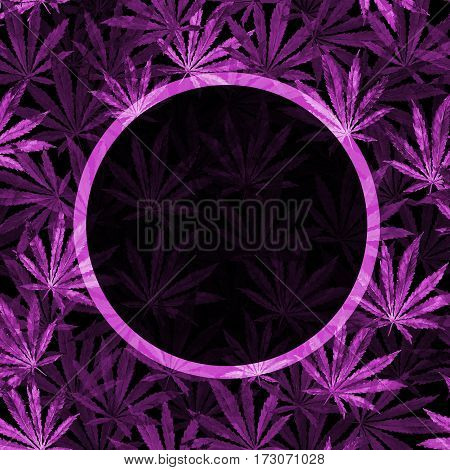 Purple Cannabis leaves on black background. Hand drawn watercolor illustration of the plant Cannabis Sativa or Marijuana. Pattern with marijuana leaf for label poster web.