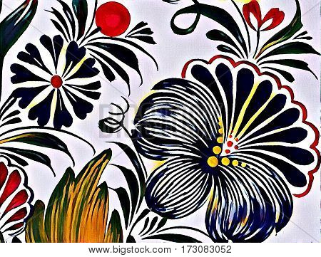 Beautiful Colorful Painting Flower With Leaves. Traditional Ukrainian Painting.