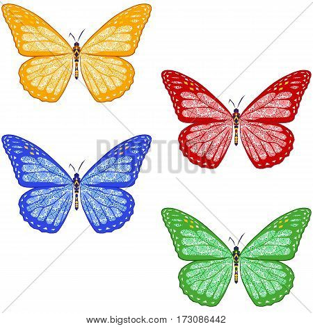 set of colorful textured butterflies on white background. isolated. vector illustration.