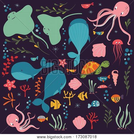 Collection of colorful sea and ocean animals whale octopus stingray jellyfish turtle coral vector illustration