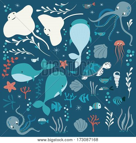 Collection of colorful sea and ocean animals whale octopus stingray jellyfish turtle coral vector illustration