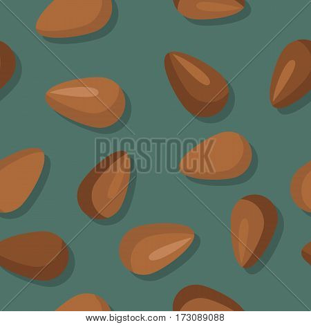 Flax seeds seamless pattern. Ripe flax seed in flat. Brown flax seeds on a dark green background. Several flax seeds. Healthy vegetarian food. Vector illustration