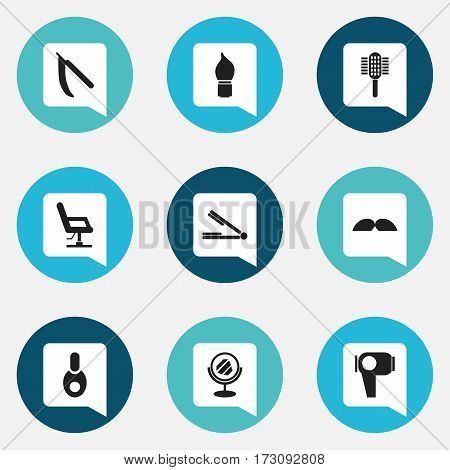 Set Of 9 Editable Barber Icons. Includes Symbols Such As Take The Hair Dryer, Elbow Chair, Peeper And More. Can Be Used For Web, Mobile, UI And Infographic Design.