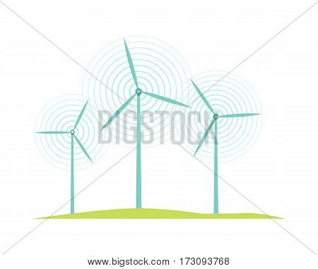 Windmill icons isolated on white. Flat design style. Mill converts energy of wind into rotational energy by means of vanes called sails or blades. Wind turbines used to generate electricit. Vector