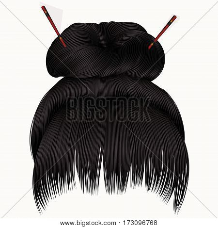 bun  hairs with fringe  dark brunette  . women fashion beauty style .
