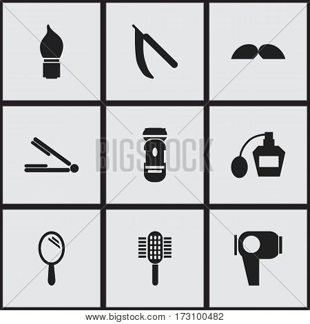 Set Of 9 Editable Tonsorial Artist Icons. Includes Symbols Such As Whiskers, Charger, Reflector And More. Can Be Used For Web, Mobile, UI And Infographic Design.