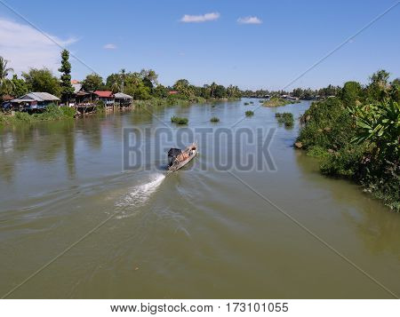 Top view from a bridge of river mekong with long tail boat at island Don Det 4000 islands Laos