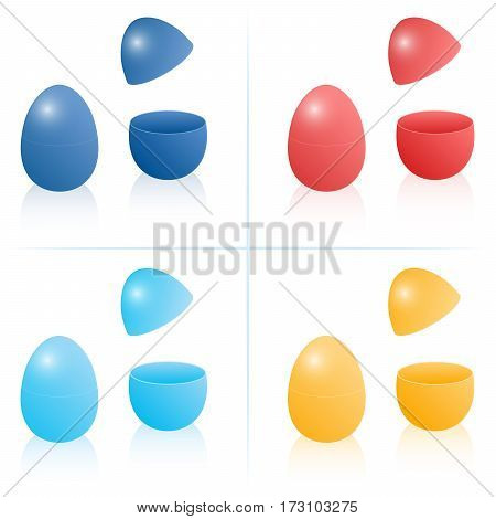 Easter egg boxes, closed and opened to be filled - dark and light blue, red and orange. Three-dimensional isolated vector illustration on white background.