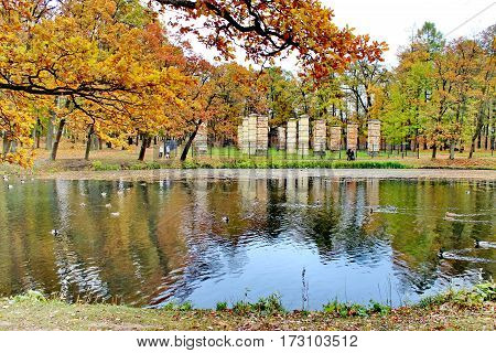 Beautiful romantic alley in a park with colorful trees and sunlight. autumn natural background Gatchina