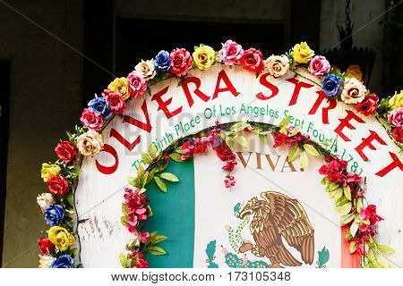 LOS ANGELES USA - OCT 23 2013: Olvera Street in Los Angeles. Olvera Street is the oldest part of downtown LA. It is California State Historic Landmark since 1953.
