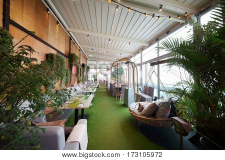 MOSCOW - OCT 20, 2016: Restaurant terrace on top of Eye tower in Moscow City business complex, Restaurant 354 occupies three floors in Oko tower in Moscow-City