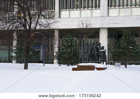 Moscow, Russia - January 17, 2017: The composition of the world demand the sculptor Vera Mukhina Muzeon in the park in Moscow