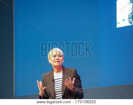 MUNICH GERMANY - FEBRUARY 16 2017: IBM Watson IoT General Manager Harriet Green delivers an address to IBM Genius of Things Summit in Munich Germany on February 16 2017.