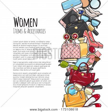 Women items and accessories web banner. Colourful objects. Cosmetics. Perfume, lipstick, mascara, perfume, purse, handbag, high-heeled shoes, eyeshadows brush watch sunglasses Add text Vector