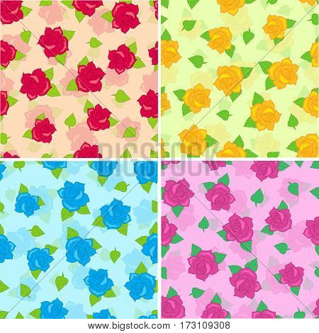 Rose with green leaves seamless pattern set. Isolated big purple red blue yellow blossoms in cartoon style walllpaper, wrapping paper. Fashion decoration endless texture. Floral embellishment. Vector