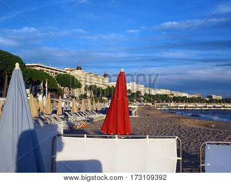 beach and famous hotels along The Promenade de la Croisette Cannes France the French Riviera