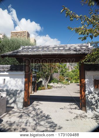 Monte Carlo entrance to Japanese Garden municipal park on the Avenue Princess Grace in Larvotto ward Monaco